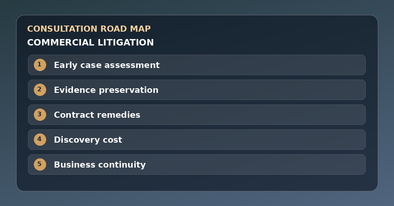 Five discussion points for commercial litigation: Early case assessment, Evidence preservation, Contract remedies, Discovery cost, Business continuity