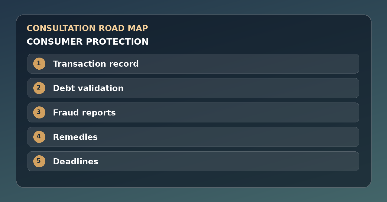Five discussion points for consumer protection: Transaction record, Debt validation, Fraud reports, Remedies, Deadlines