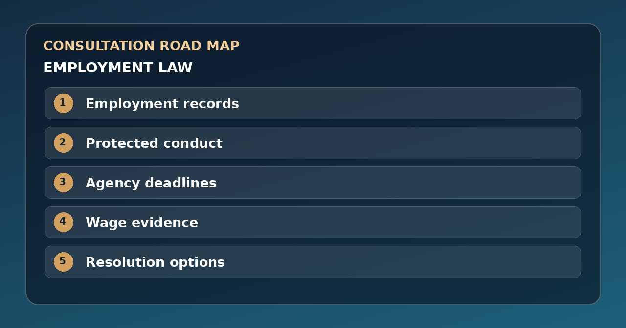 Five discussion points for employment law: Employment records, Protected conduct, Agency deadlines, Wage evidence, Resolution options