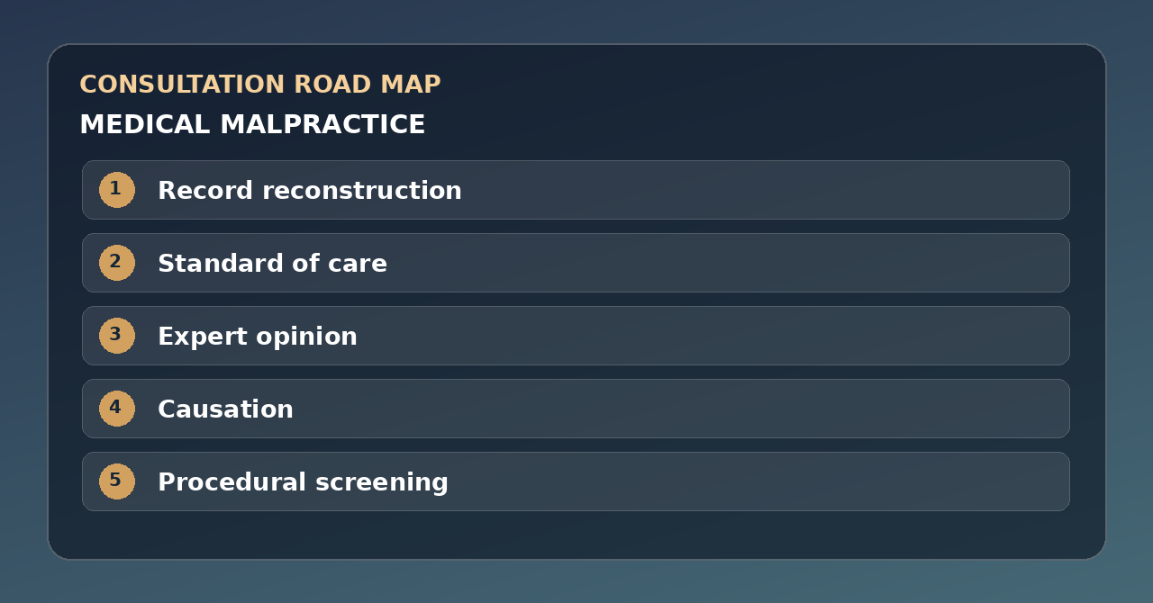 Five discussion points for medical malpractice: Record reconstruction, Standard of care, Expert opinion, Causation, Procedural screening