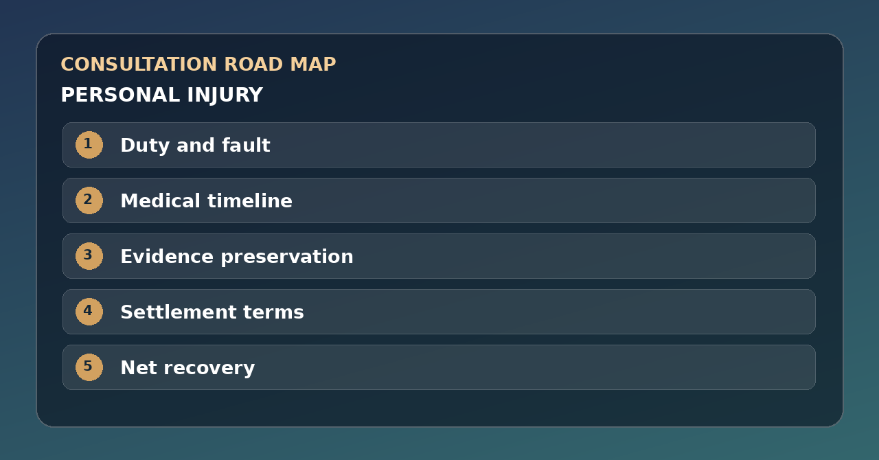 Five discussion points for personal injury: Duty and fault, Medical timeline, Evidence preservation, Settlement terms, Net recovery