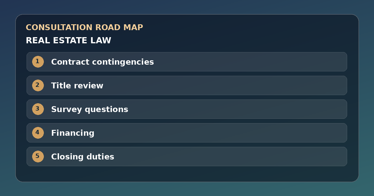 Five discussion points for real estate law: Contract contingencies, Title review, Survey questions, Financing, Closing duties